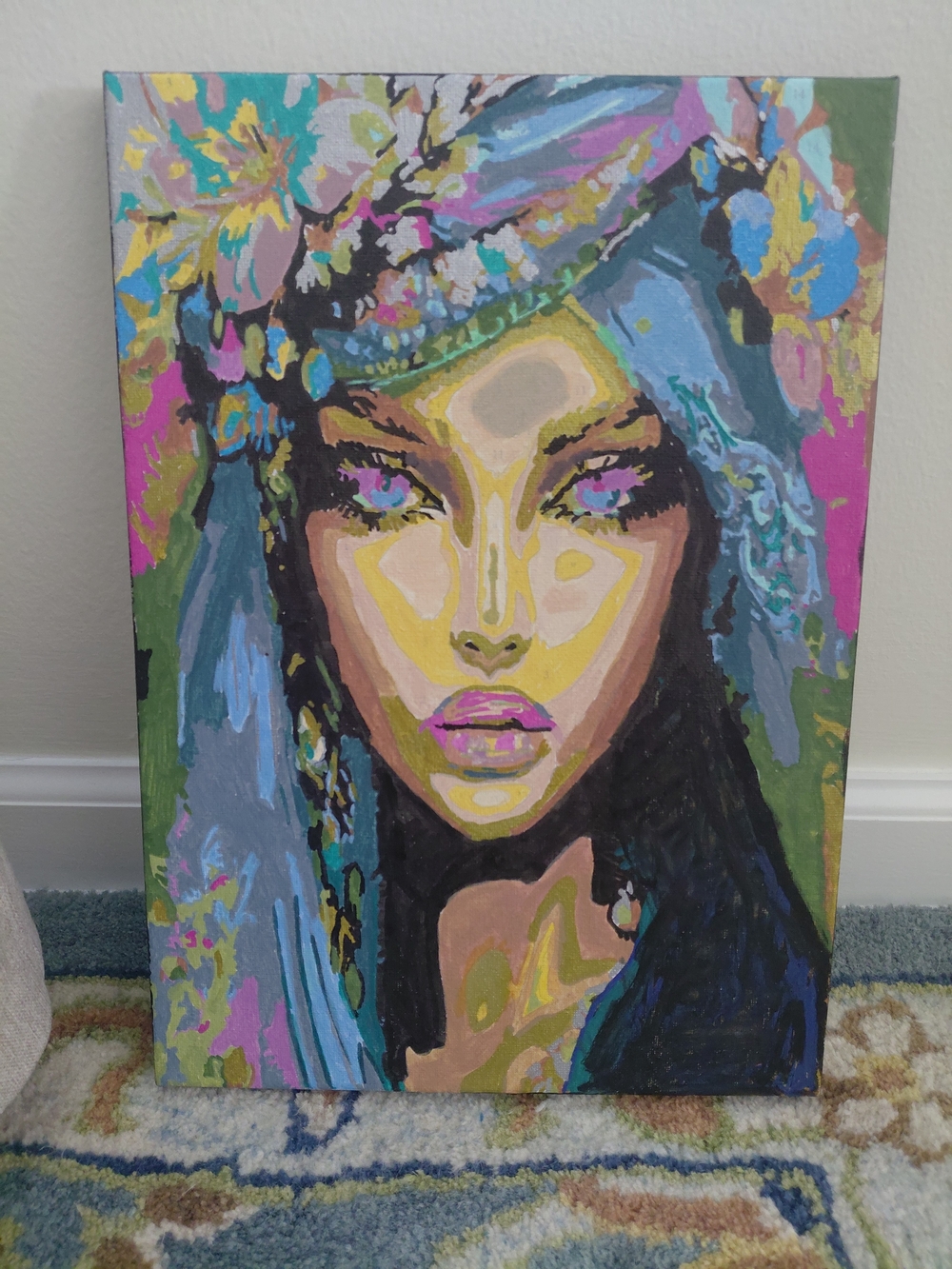 Portrait Canvas Art in Blue, Pink, Yellow Paint By Numbers